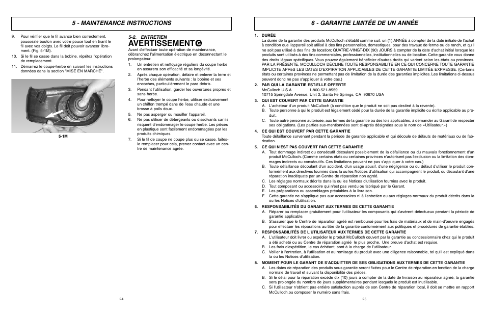 Avertissement, 5 - maintenance instructions, 6 - garantie limitée de un année | McCulloch MCT2024 User Manual | Page 13 / 21