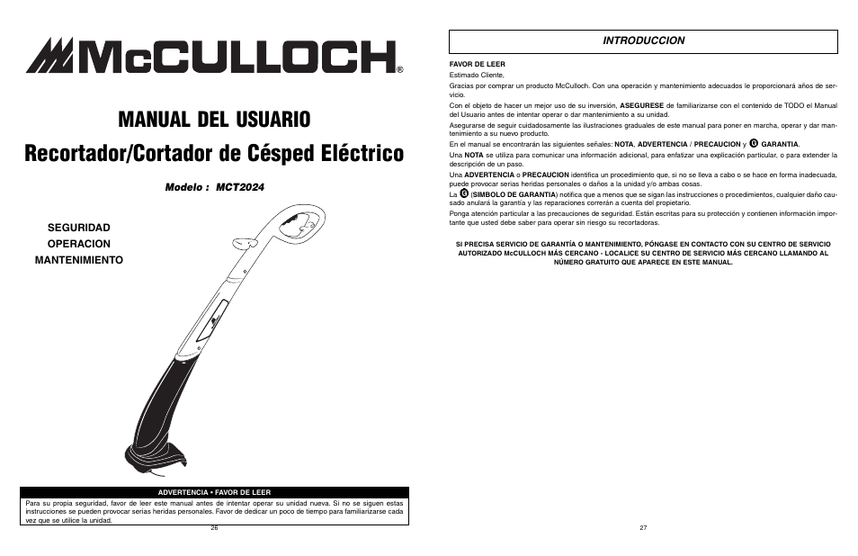 Recortador/cortador de césped eléctrico, Manual del usuario, Seguridad operacion mantenimiento modelo : mct2024 | Introduccion | McCulloch MCT2024 User Manual | Page 14 / 21