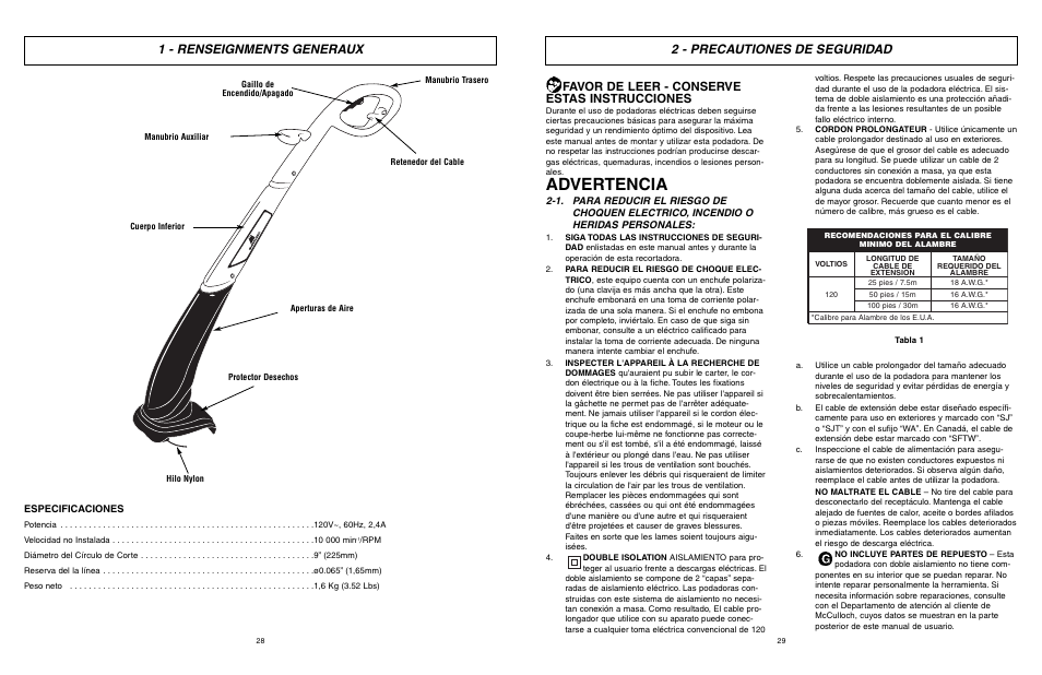 Advertencia, 1 - renseignments generaux, 2 - precautiones de seguridad | Favor de leer - conserve estas instrucciones | McCulloch MCT2024 User Manual | Page 15 / 21