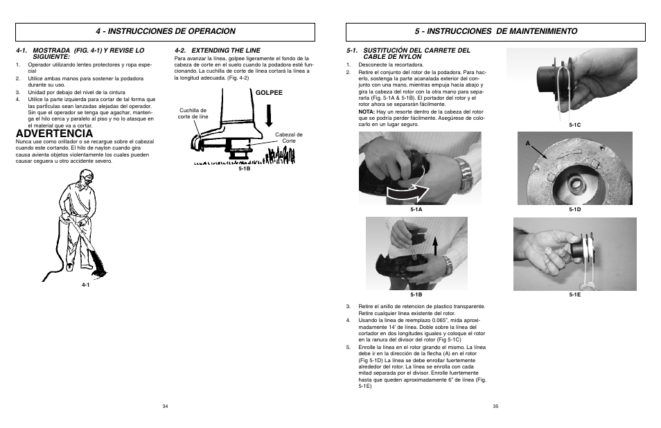 Advertencia, 4 - instrucciones de operacion, 5 - instrucciones de maintenimiento | McCulloch MCT2024 User Manual | Page 18 / 21