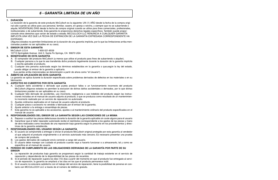 6 - garantía limitada de un año | McCulloch MCT2024 User Manual | Page 20 / 21