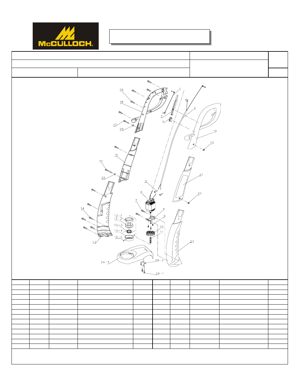 Iplmct2024.pdf, Draw, Mct2024 | 9" string trimmer, Model no, Service spare parts list, Specify model no. when ordering parts date | McCulloch MCT2024 User Manual | Page 21 / 21