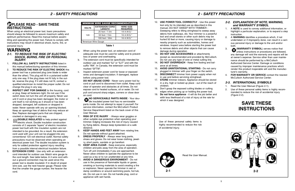 Warning, Save these instructions, 2 - safety precautions | Please read - save these instructions | McCulloch MCT2024 User Manual | Page 3 / 21