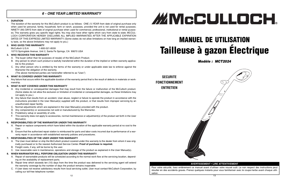 Tailleuse à gazon électrique, Manuel de utilisation, 6 - one year limited warrnaty | Securite fonctionnement entretien modèle : mct2024 | McCulloch MCT2024 User Manual | Page 7 / 21