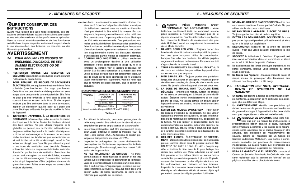 Avertissement, 2 - measures de securite, Lire et conserver ces instructions | McCulloch MCT2024 User Manual | Page 9 / 21