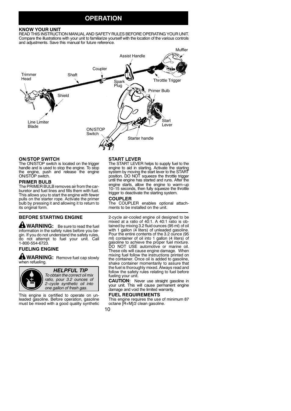 Operation, Warning, Helpful tip | McCulloch MC125 User Manual | Page 10 / 19