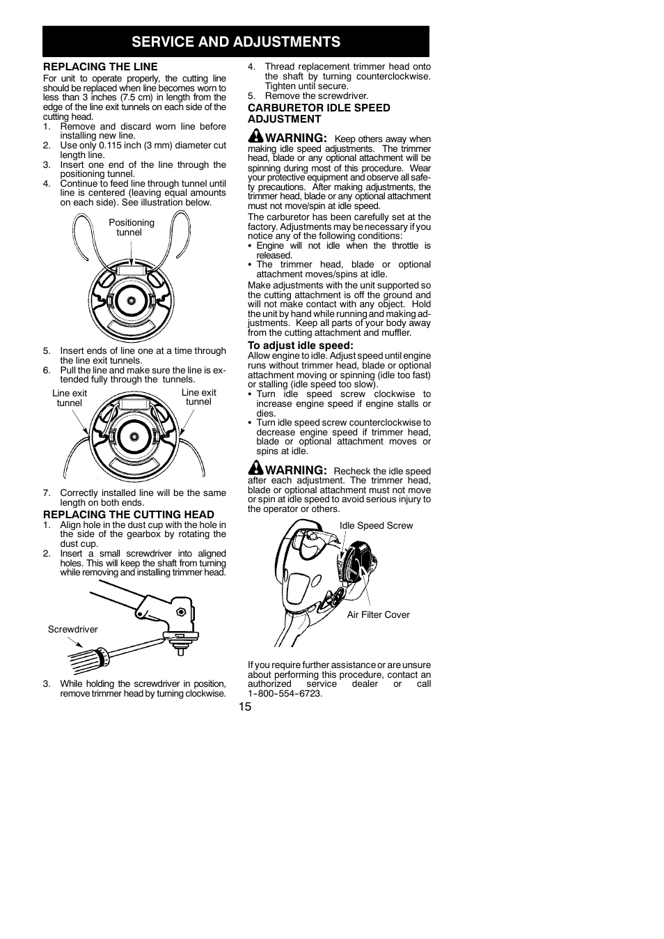 Service and adjustments, Warning | McCulloch MC125 User Manual | Page 15 / 19