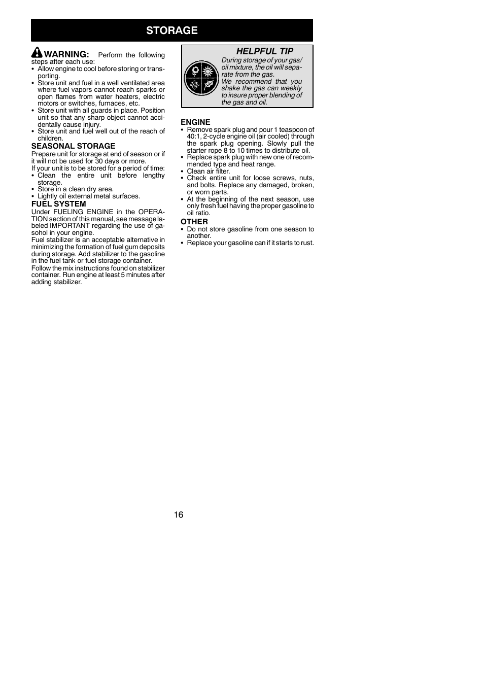 Storage, Warning, Helpful tip | McCulloch MC125 User Manual | Page 16 / 19