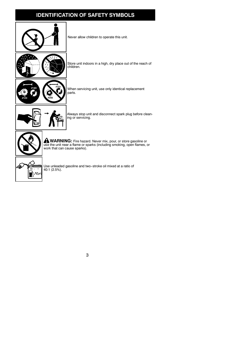Identification of safety symbols | McCulloch MC125 User Manual | Page 3 / 19