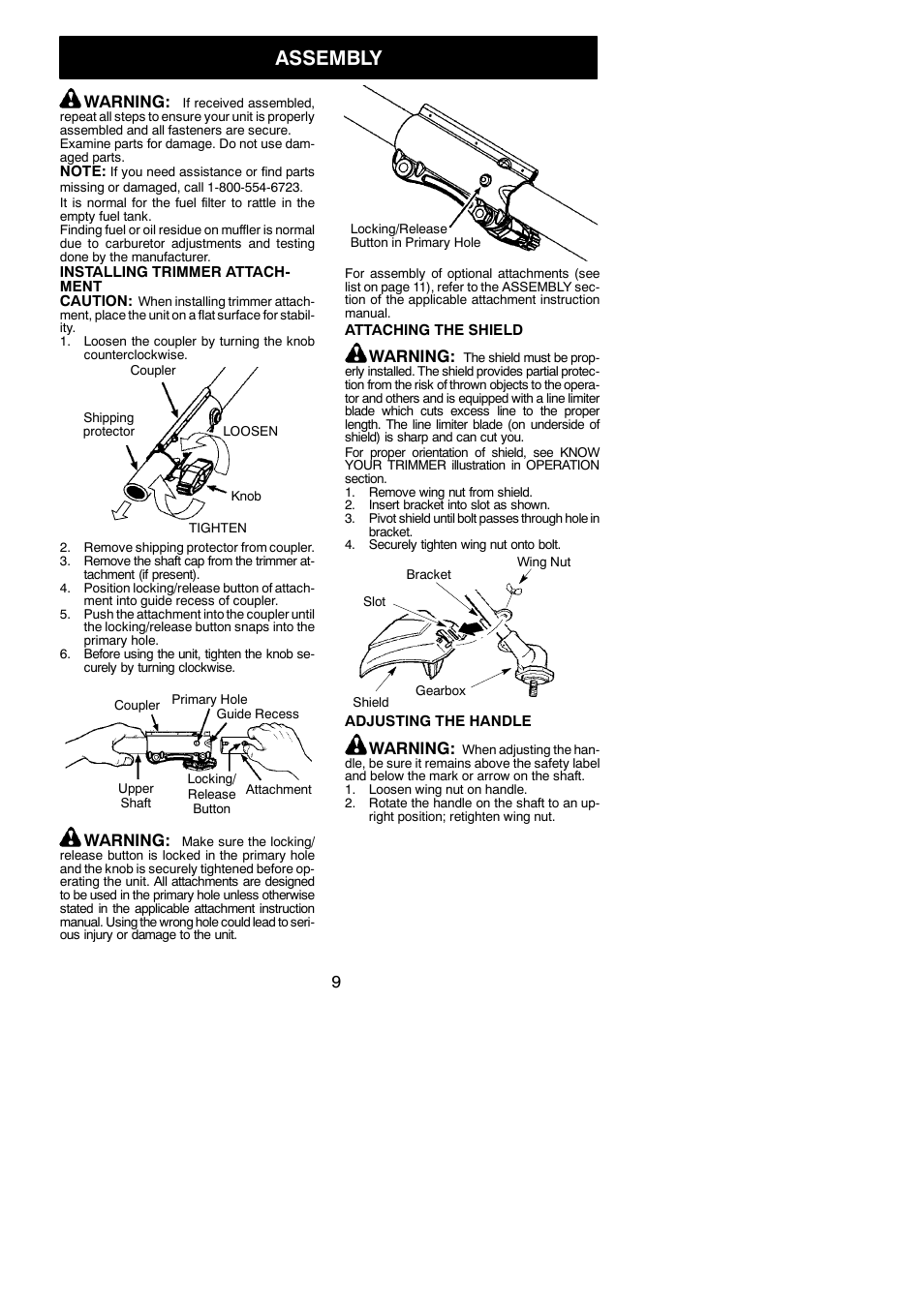 Assembly, Warning | McCulloch MC125 User Manual | Page 9 / 19