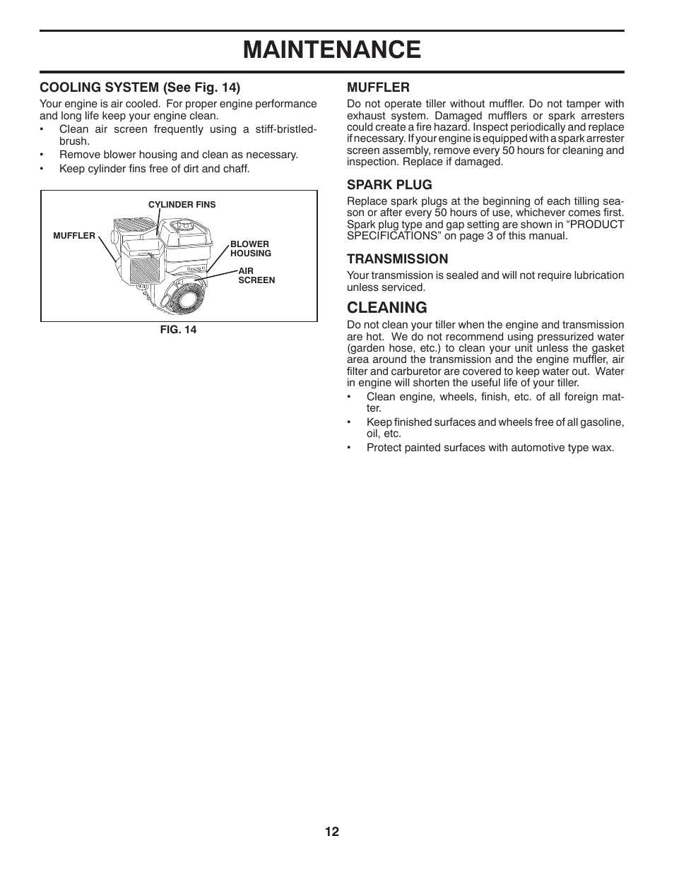 Maintenance, Cleaning, Cooling system (see fig. 14) | Muffler, Spark plug, Transmission | McCulloch MFT55 User Manual | Page 12 / 24