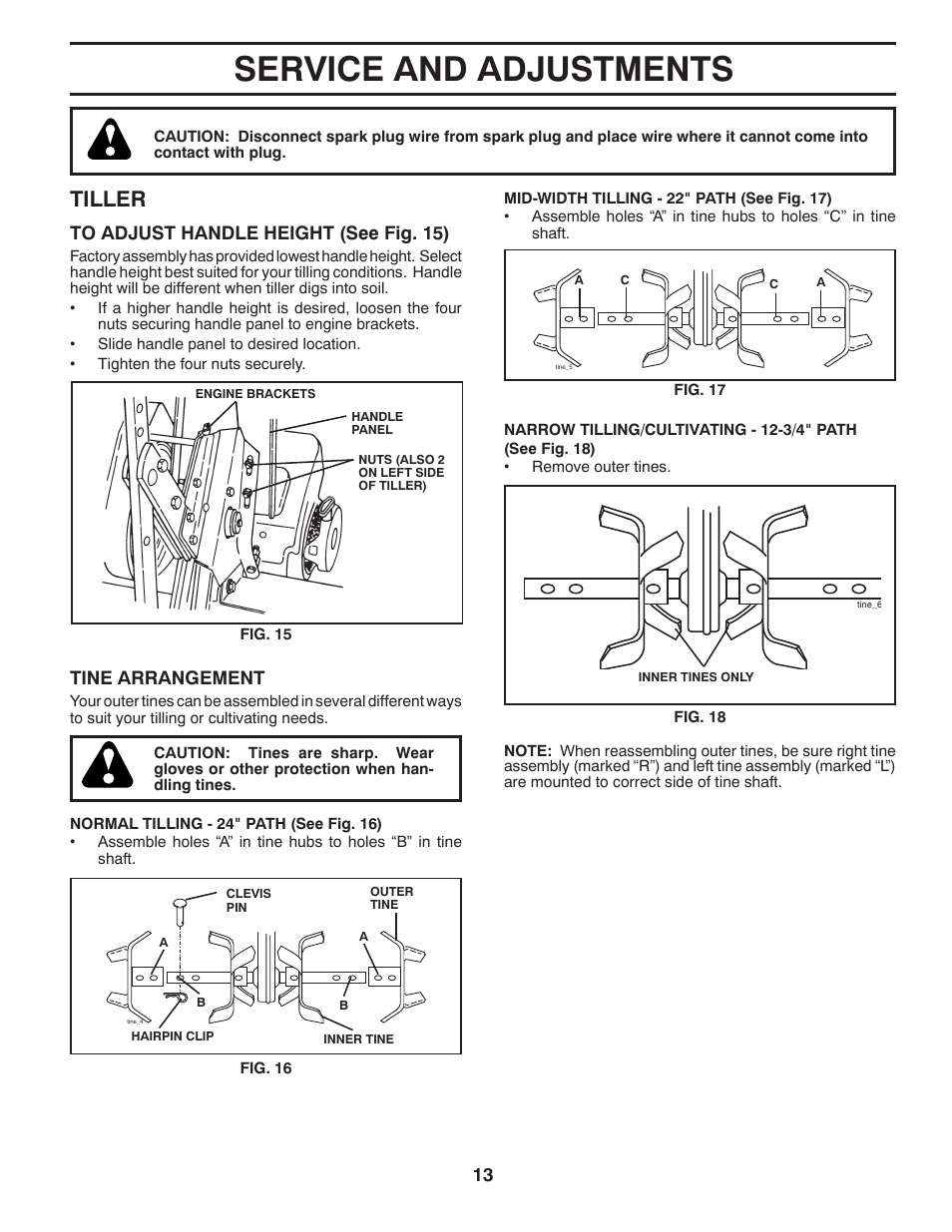 Service and adjustments, Tiller, Tine arrangement | McCulloch MFT55 User Manual | Page 13 / 24