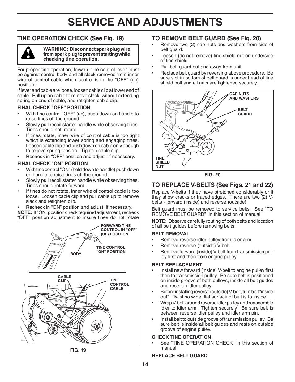 Service and adjustments, 14 tine operation check (see fig. 19) | McCulloch MFT55 User Manual | Page 14 / 24