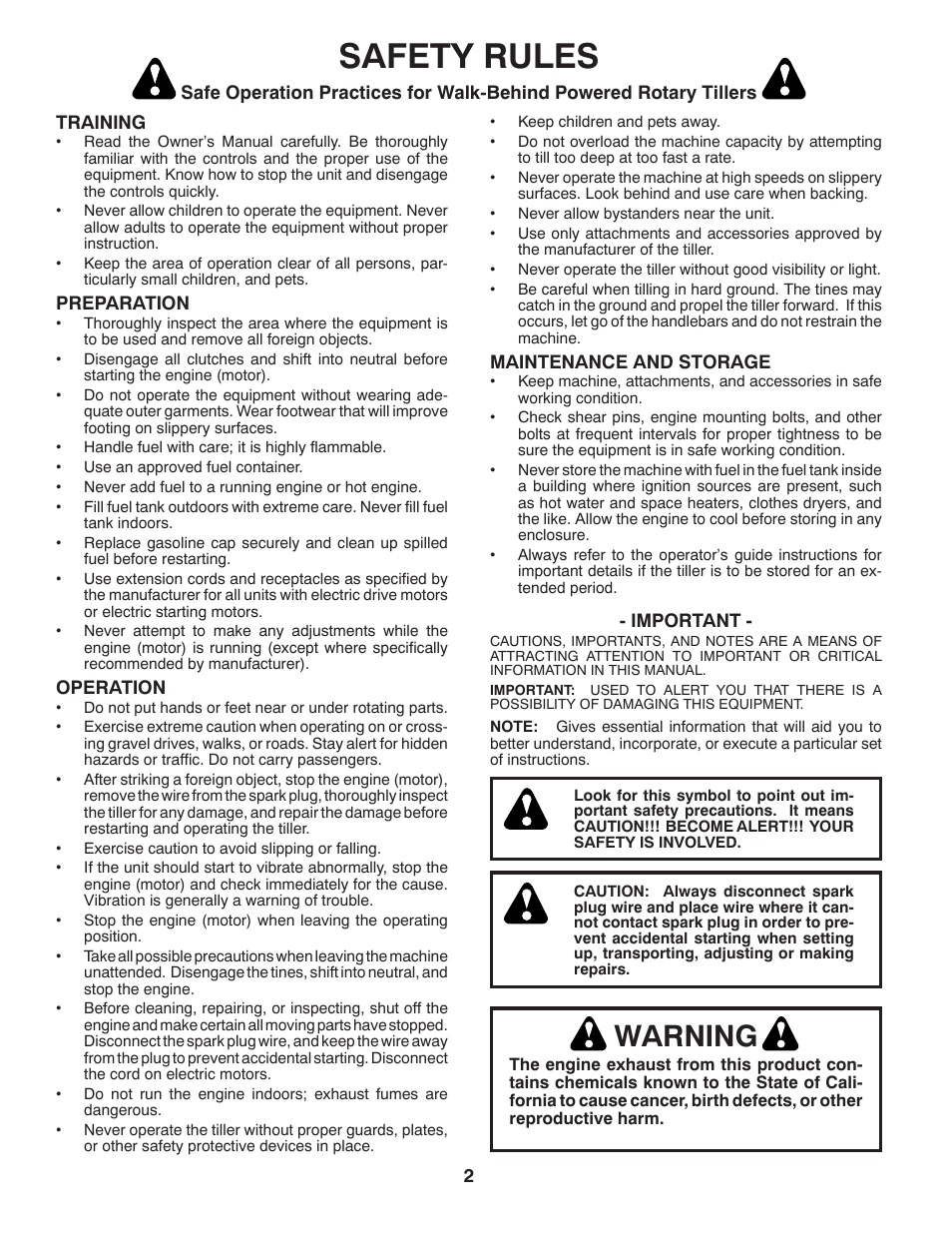 Safety rules, Warning | McCulloch MFT55 User Manual | Page 2 / 24