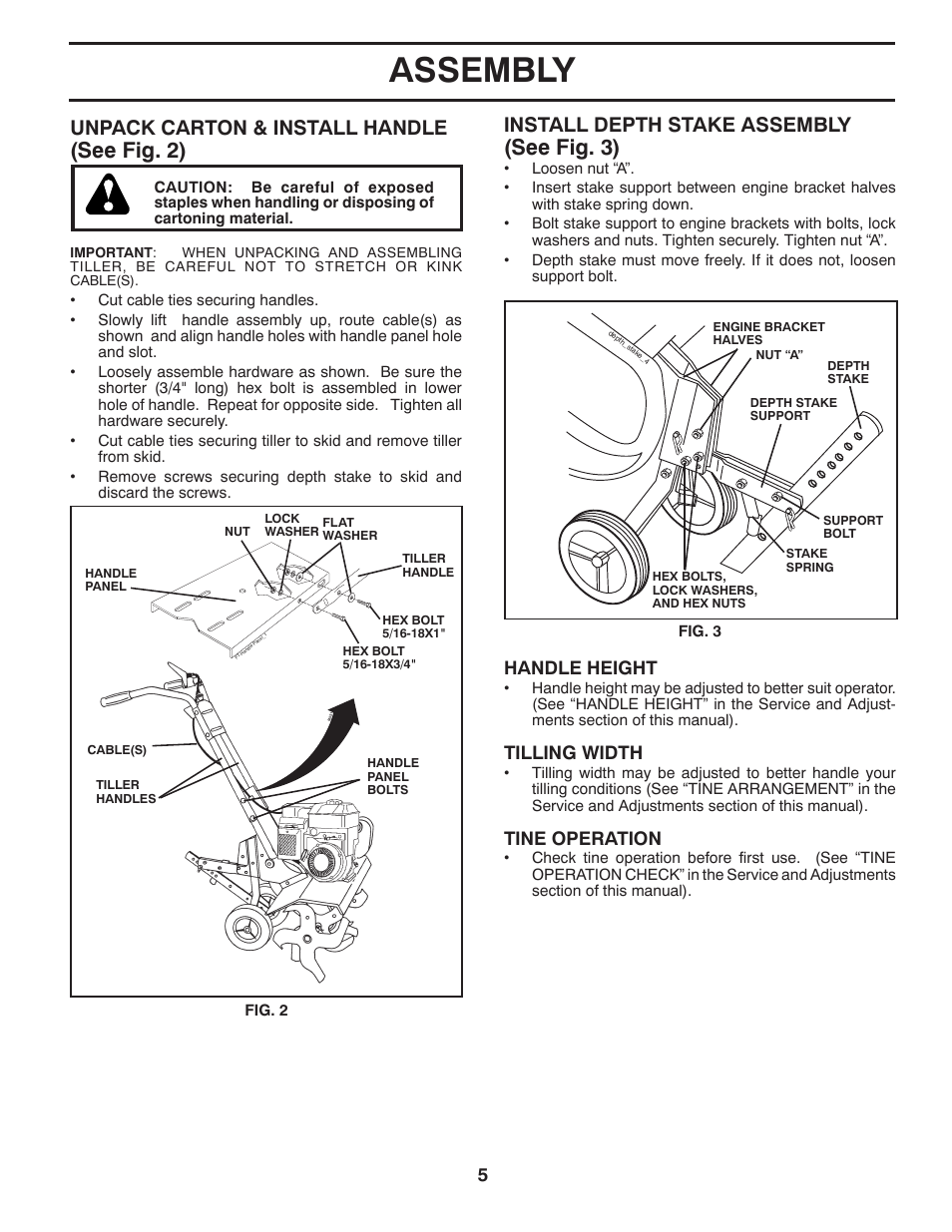 Assembly, See fig. 2), See fig. 3) | Unpack carton & install handle, Install depth stake as sem bly, Handle height, Tilling width, Tine operation | McCulloch MFT55 User Manual | Page 5 / 24