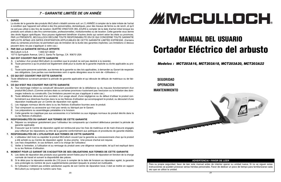 Cortador eléctrico del arbusto, Manual del usuario, 7 - garantie limitée de un année | McCulloch 6096-203A12 User Manual | Page 11 / 17