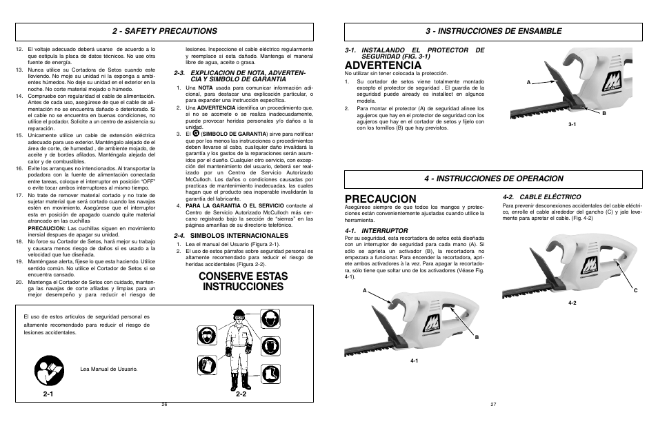 Advertencia, Precaucion, Conserve estas instrucciones | 3 - instrucciones de ensamble, 4 - instrucciones de operacion, 2 - safety precautions | McCulloch 6096-203A12 User Manual | Page 14 / 17