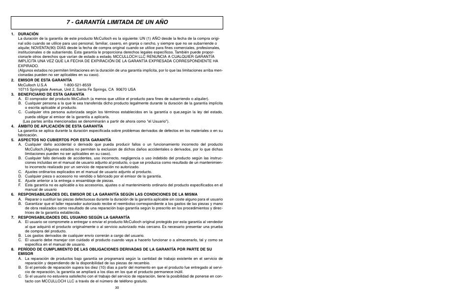 7 - garantía limitada de un año | McCulloch 6096-203A12 User Manual | Page 16 / 17