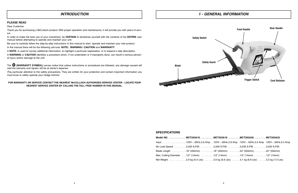 Introduction 1 - general information | McCulloch 6096-203A12 User Manual | Page 2 / 17