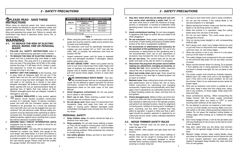 Warning, 2 - safety precautions, Please read - save these instructions | McCulloch 6096-203A12 User Manual | Page 3 / 17