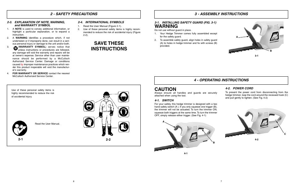 Warning, Save these instructions, Caution | 2 - safety precautions 3 - assembly instructions, 4 - operating instructions | McCulloch 6096-203A12 User Manual | Page 4 / 17