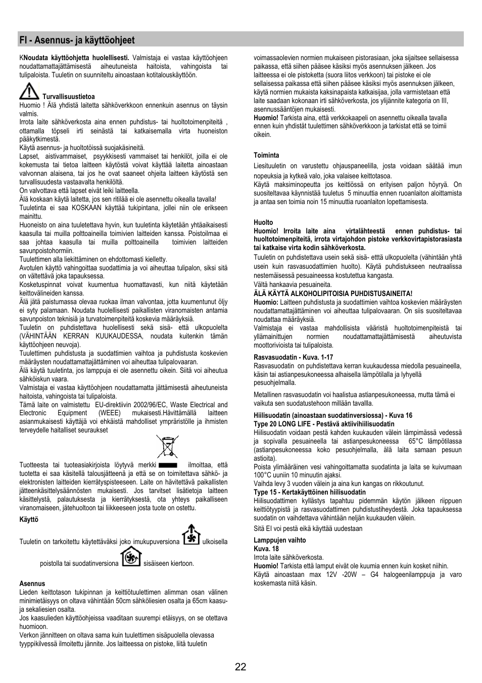 Fi - asennus- ja käyttöohjeet | Zanussi ZHC 6244 User Manual | Page 22 / 40
