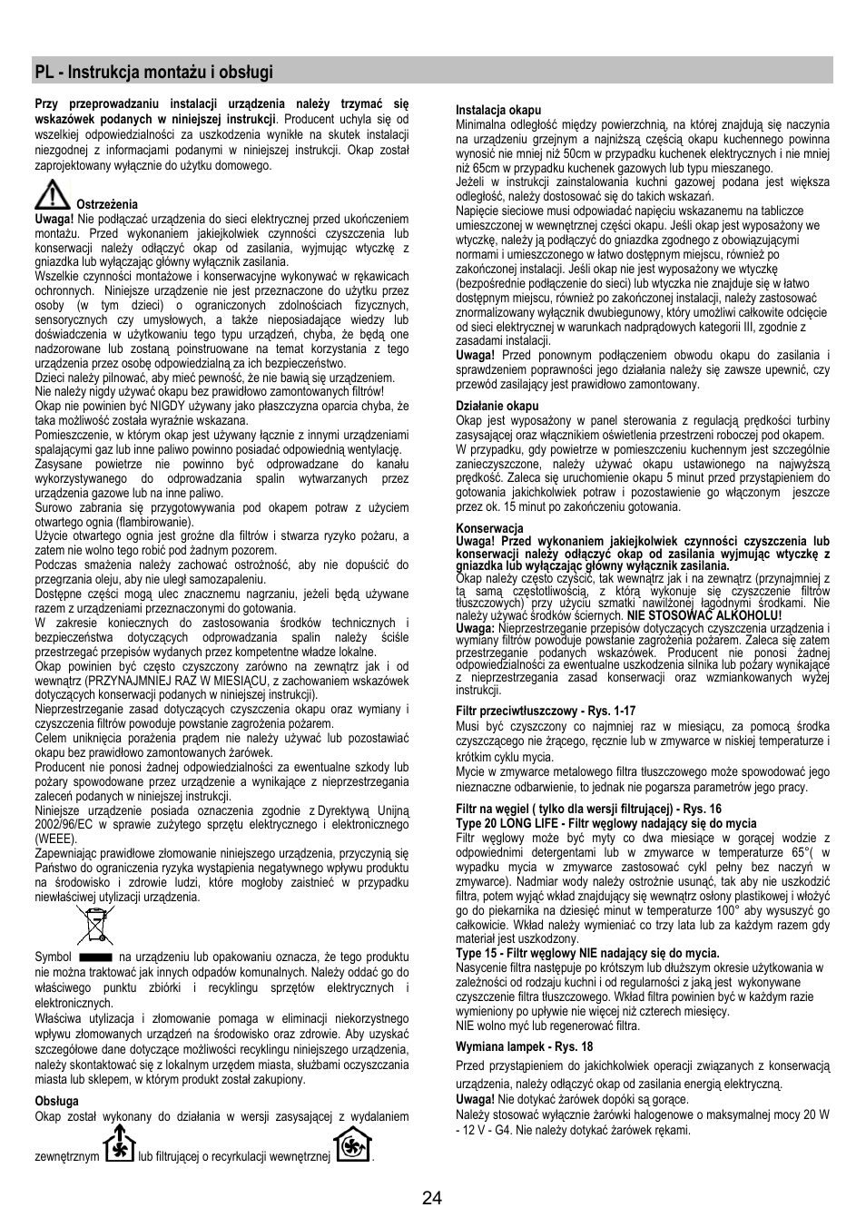 Pl - instrukcja montażu i obsługi | Zanussi ZHC 6244 User Manual | Page 24 / 40