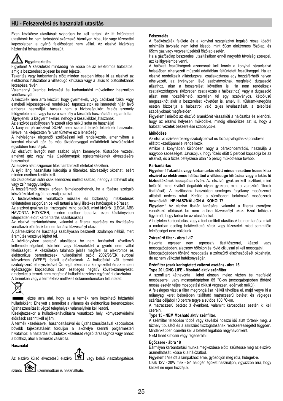 Hu - felszerelési és használati utasítás | Zanussi ZHC 6244 User Manual | Page 25 / 40