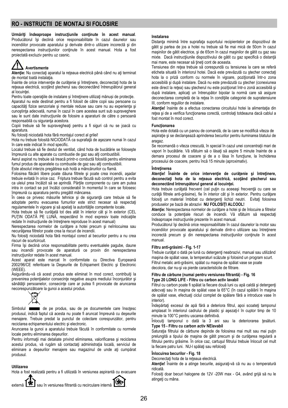 Ro - instructii de montaj si folosire | Zanussi ZHC 6244 User Manual | Page 26 / 40