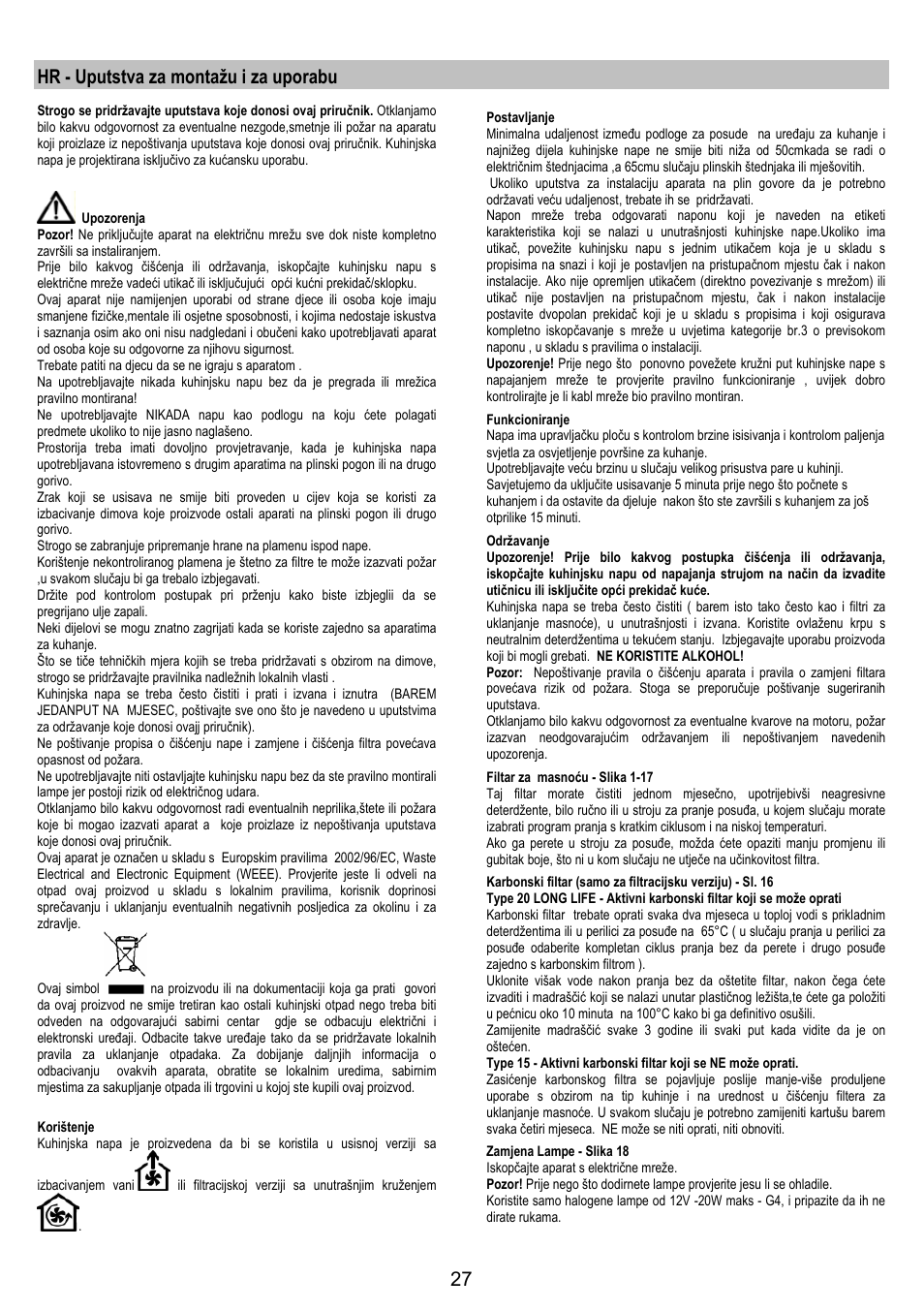 Hr - uputstva za montažu i za uporabu | Zanussi ZHC 6244 User Manual | Page 27 / 40