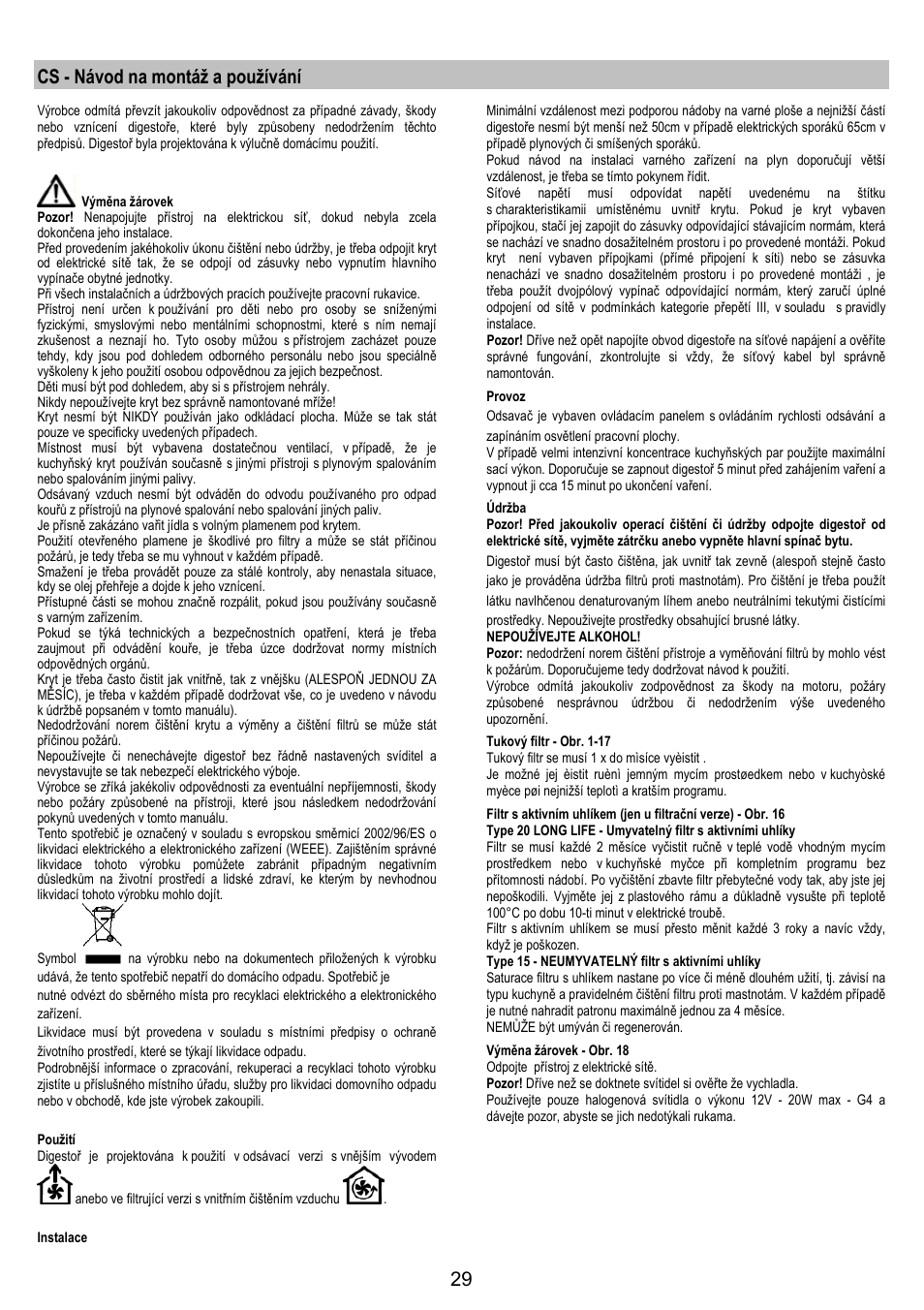 Cs - návod na montáž a používání | Zanussi ZHC 6244 User Manual | Page 29 / 40