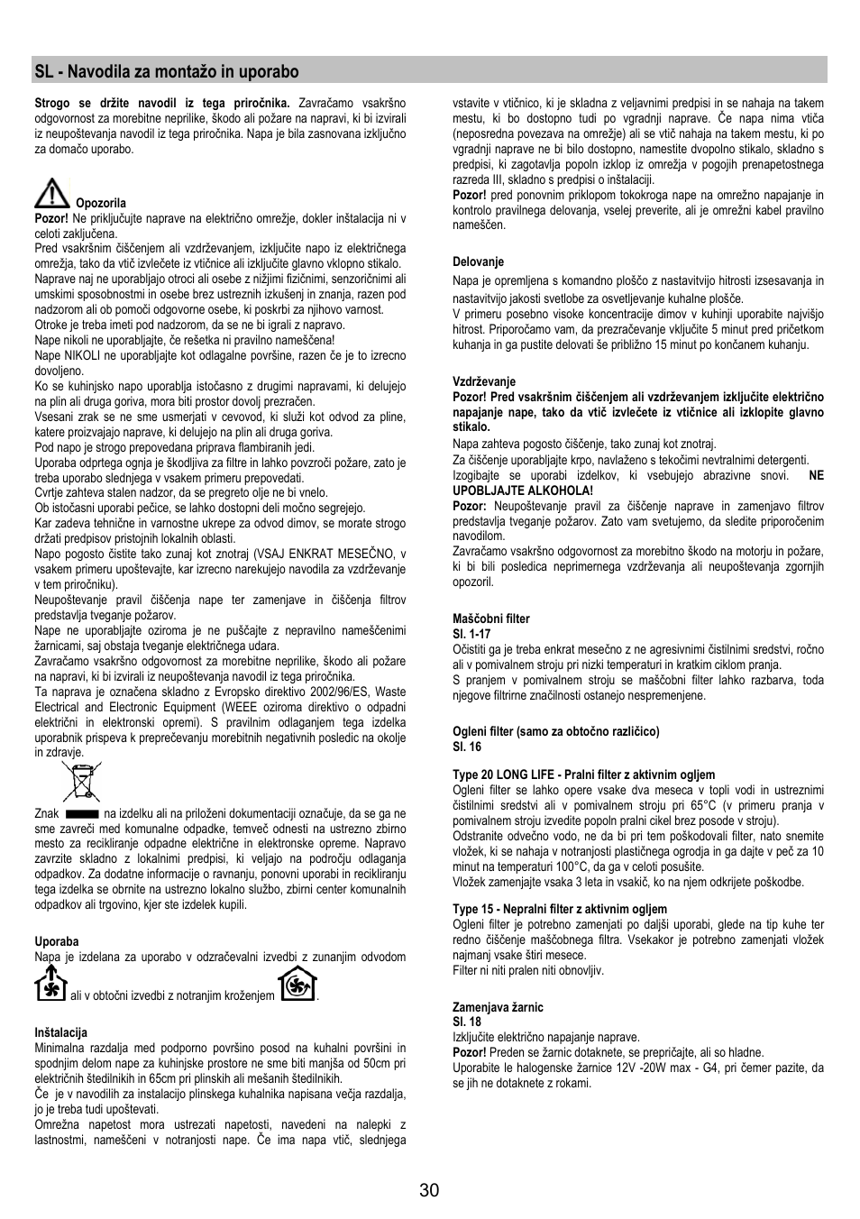 Sl - navodila za montažo in uporabo | Zanussi ZHC 6244 User Manual | Page 30 / 40