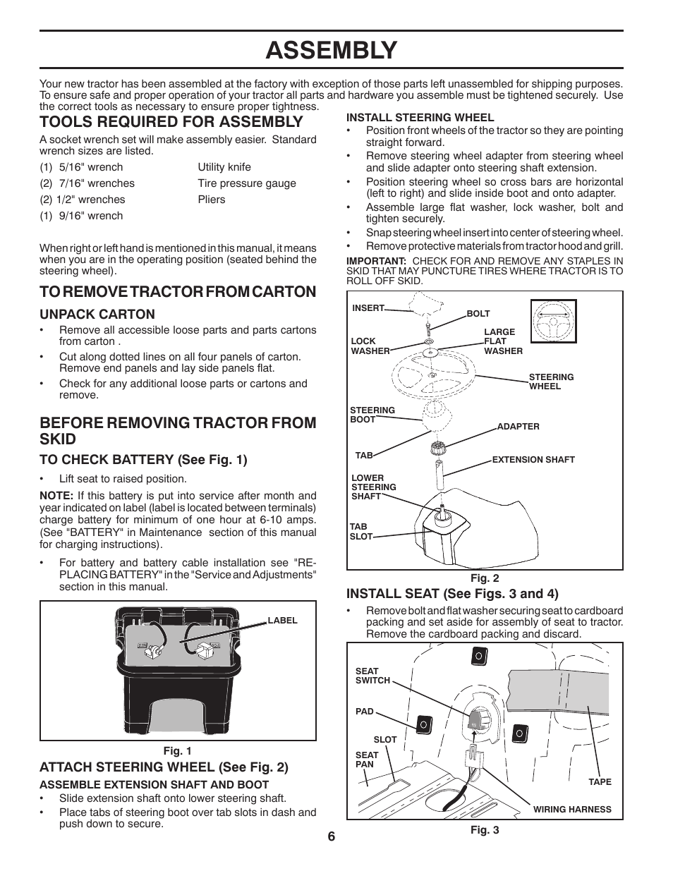 Assembly, Tools required for assembly, Before removing tractor from skid | McCulloch 96041018001 User Manual | Page 6 / 28