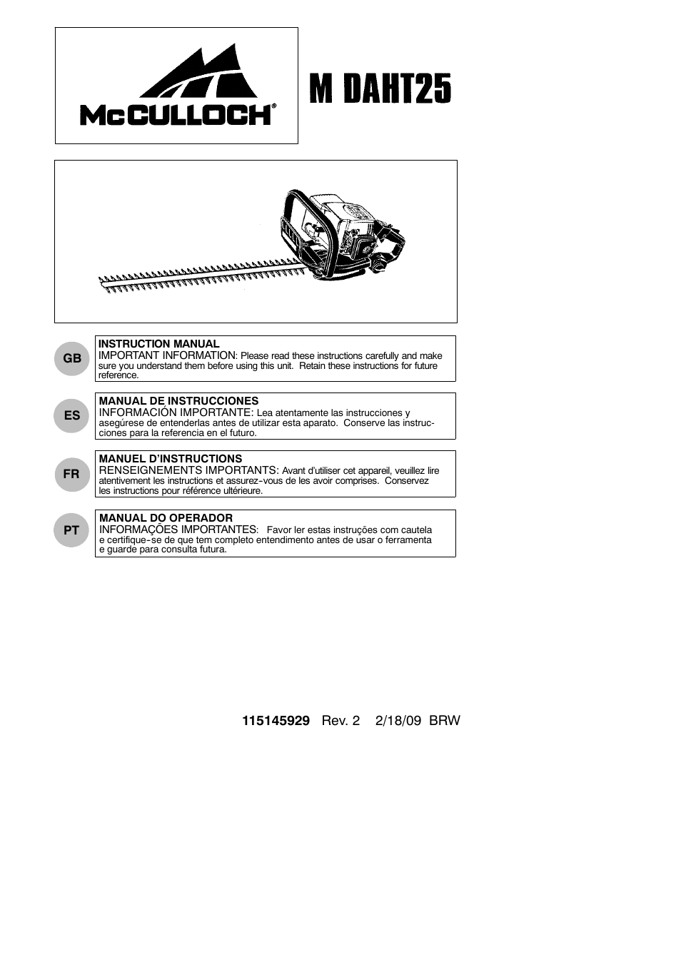 McCulloch 115145929 User Manual | 9 pages