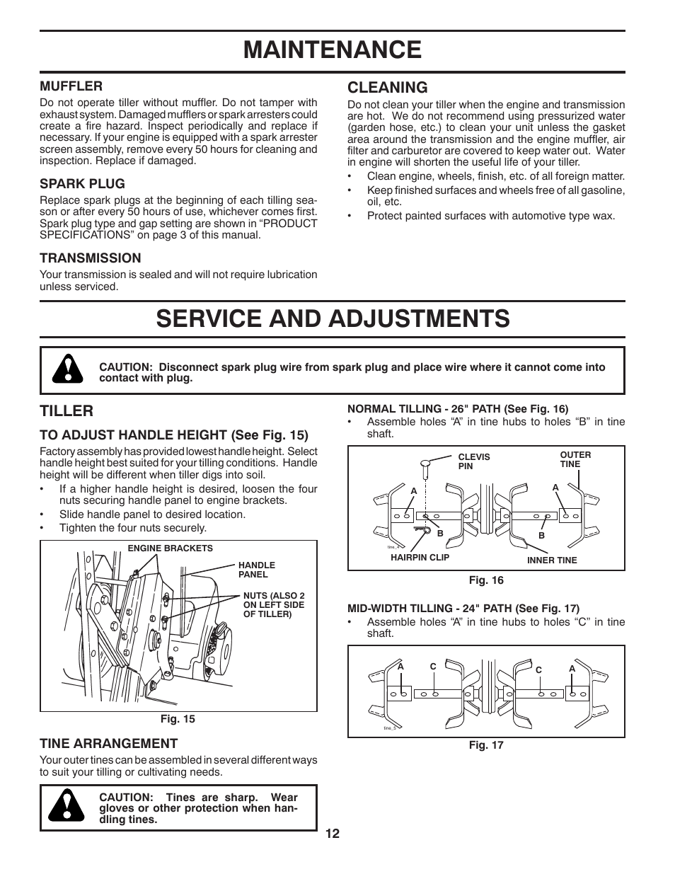 Service and adjustments, Maintenance, Tiller | Cleaning | McCulloch 532 43 36-95 User Manual | Page 12 / 18