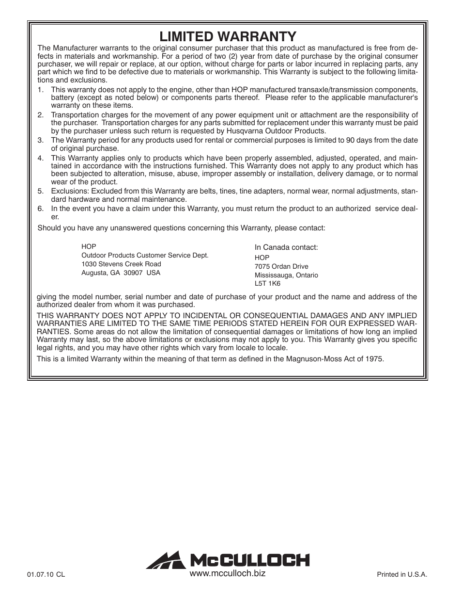 Limited warranty | McCulloch 532 43 36-95 User Manual | Page 18 / 18