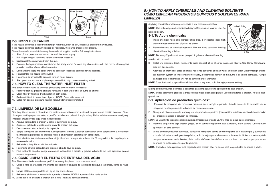1. to apply chemicals, 3. nozzle cleaning, 4. how to clean the water inlet filter | 3. limpieza de la boquilla, 4. cómo limpiar el filtro de entrada del agua, 1. aplicación de productos químicos | McCulloch FH2801 User Manual | Page 14 / 15