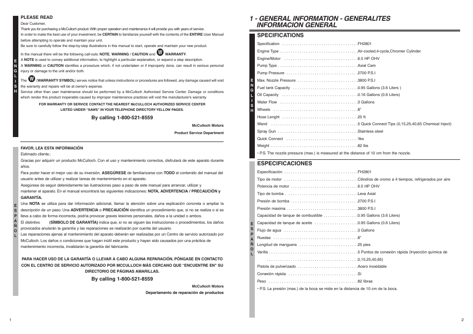 Specifications, Especificaciones | McCulloch FH2801 User Manual | Page 2 / 15