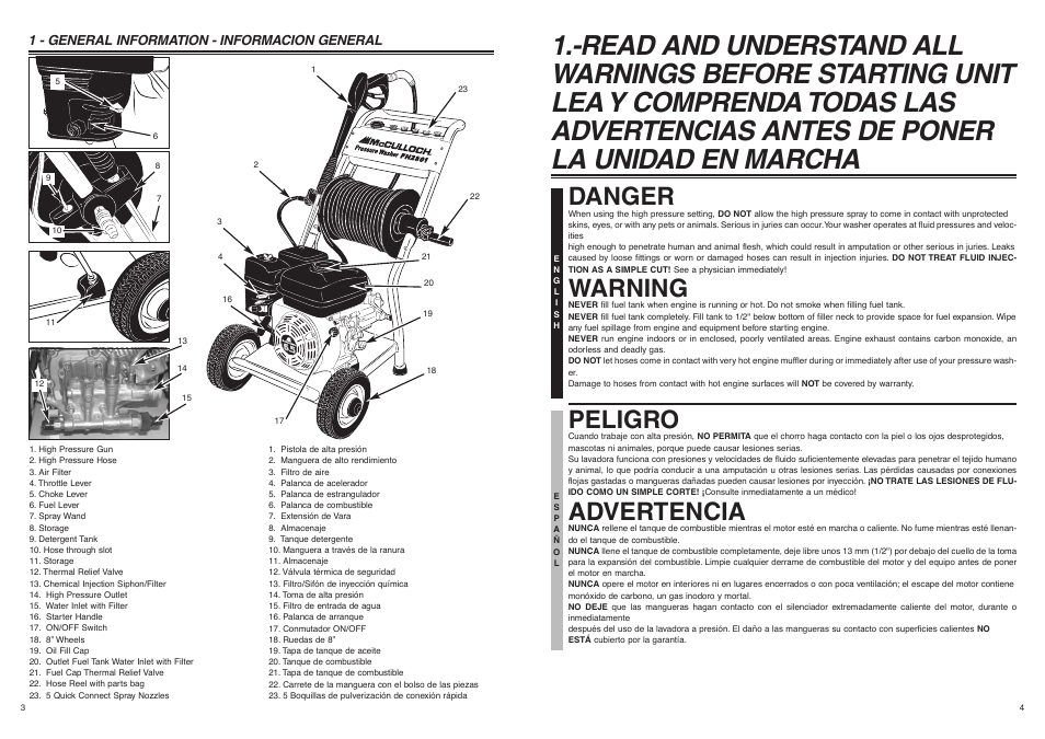 Danger, Warning, Peligro | Advertencia, 1 - general information - informacion general | McCulloch FH2801 User Manual | Page 3 / 15