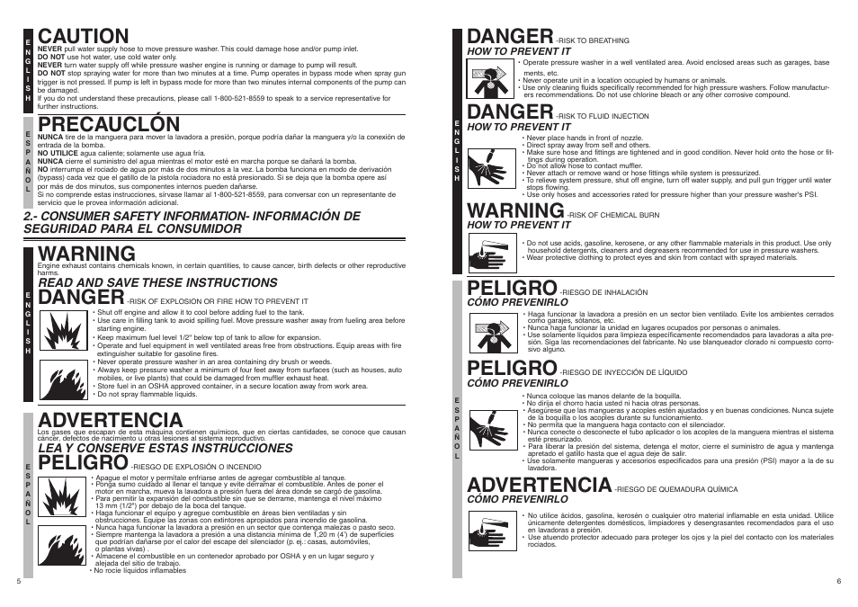 Caution, Precauclón, Warning | Danger, Advertencia, Peligro, Read and save these instructions, Lea y conserve estas instrucciones | McCulloch FH2801 User Manual | Page 4 / 15