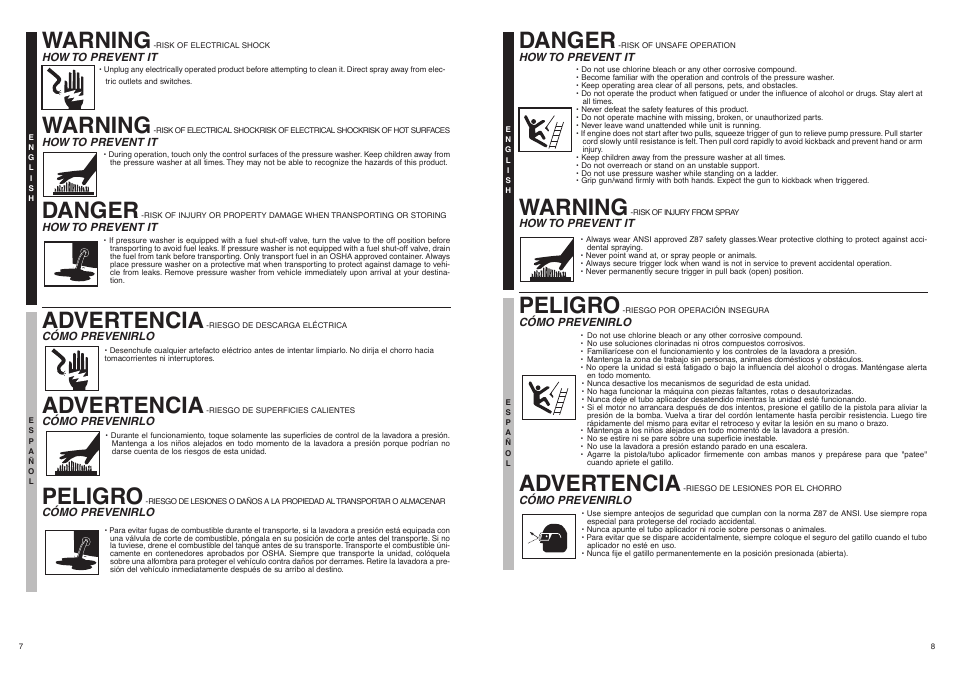 Warning, Danger, Advertencia | Peligro | McCulloch FH2801 User Manual | Page 5 / 15