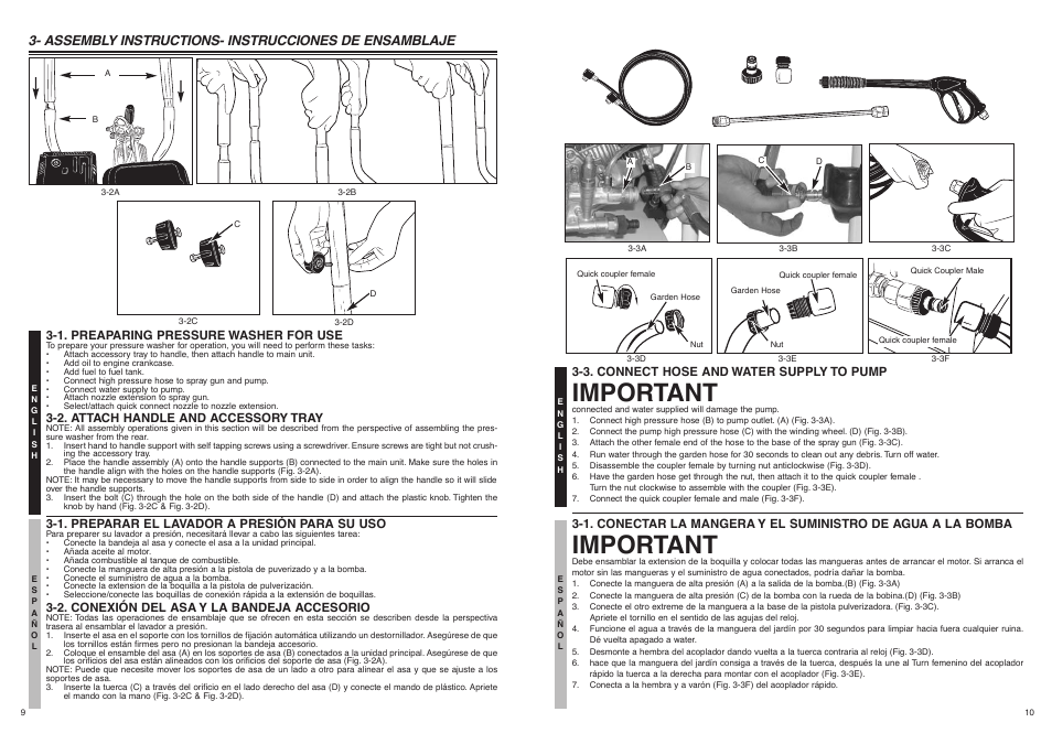 Important, Assembly instructions- instrucciones de ensamblaje, 1. preaparing pressure washer for use | 2. attach handle and accessory tray, 1. preparar el lavador a presión para su uso, 2. conexión del asa y la bandeja accesorio, 3. connect hose and water supply to pump | McCulloch FH2801 User Manual | Page 6 / 15