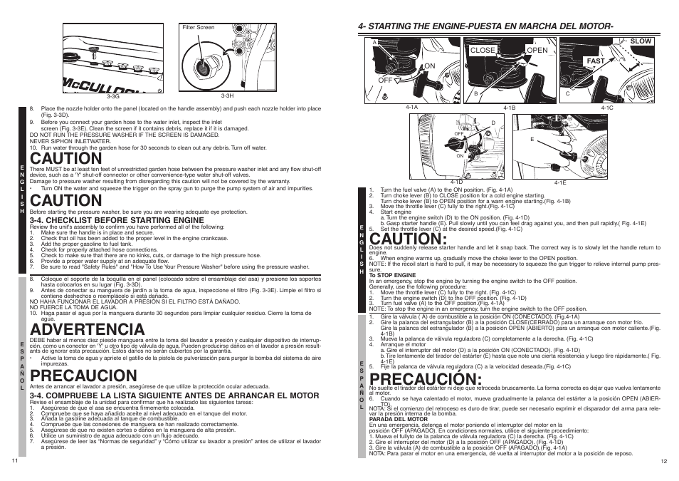 Caution, Advertencia, Precaucion | Precaución, Starting the engine-puesta en marcha del motor | McCulloch FH2801 User Manual | Page 7 / 15