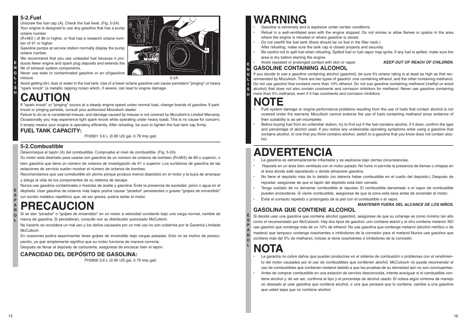 Caution, Precaucion, Warning | Advertencia, Nota | McCulloch FH2801 User Manual | Page 9 / 15