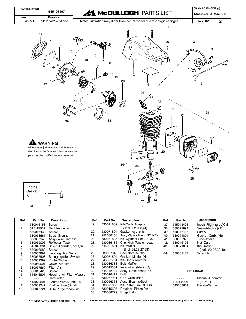 Paramount parts list, Weed eater parts list, Poulan parts list | Parts list | McCulloch 545103497 User Manual | Page 2 / 2