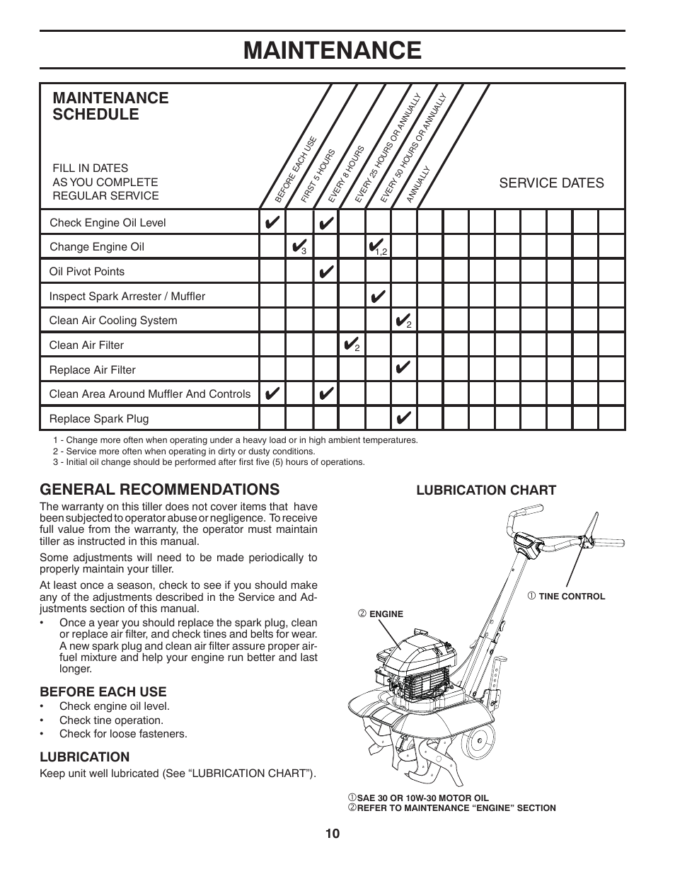 Maintenance, Maintenance schedule, General recommendations | Service dates, 10 lubrication chart, Before each use, Lubrication | McCulloch MC550 User Manual | Page 10 / 22