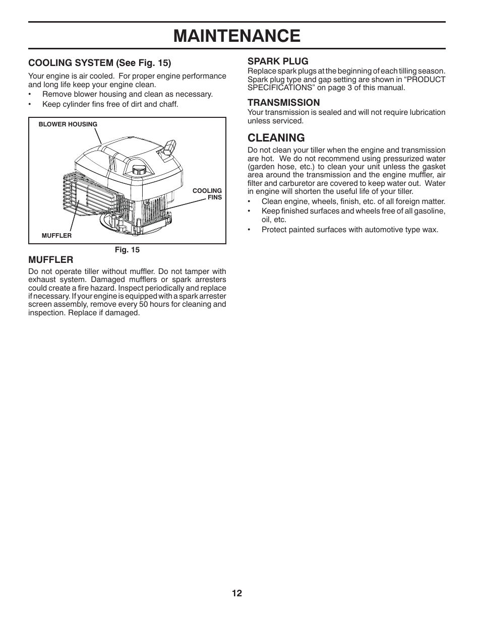 Maintenance, Cleaning | McCulloch MC550 User Manual | Page 12 / 22