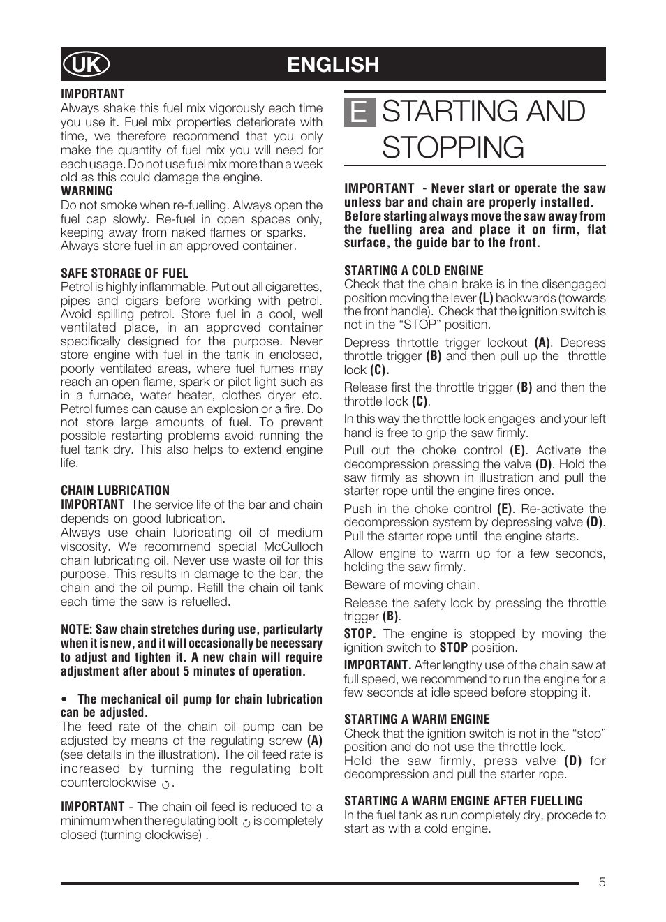 Starting and stopping, English | McCulloch PRO MAC 72 User Manual | Page 10 / 15
