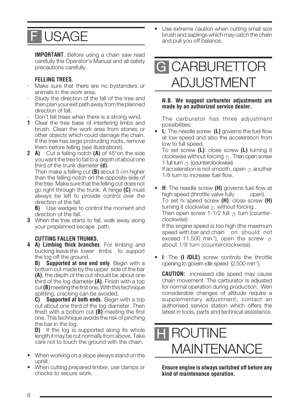 Usage, Carburettor adjustment, Routine maintenance | Gf h | McCulloch PRO MAC 72 User Manual | Page 11 / 15