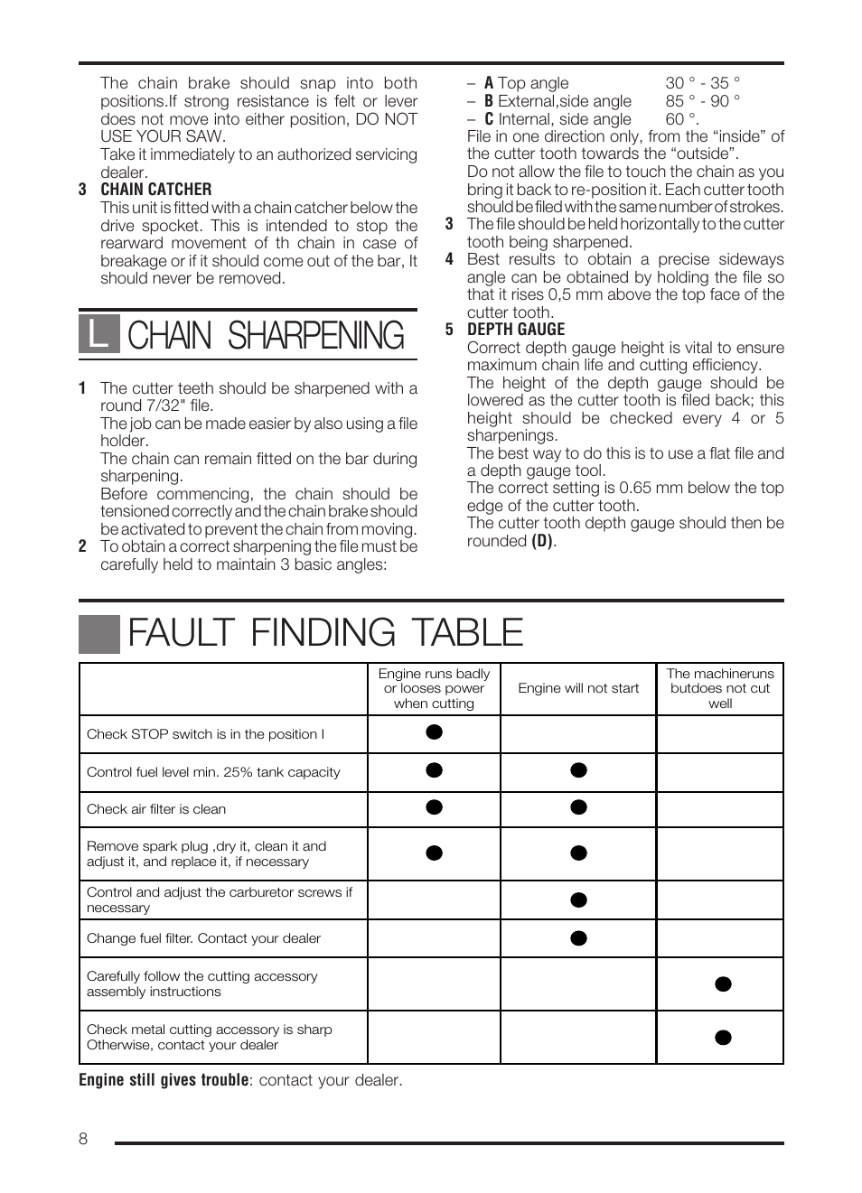 Chain sharpening, Fault finding table l | McCulloch PRO MAC 72 User Manual | Page 13 / 15